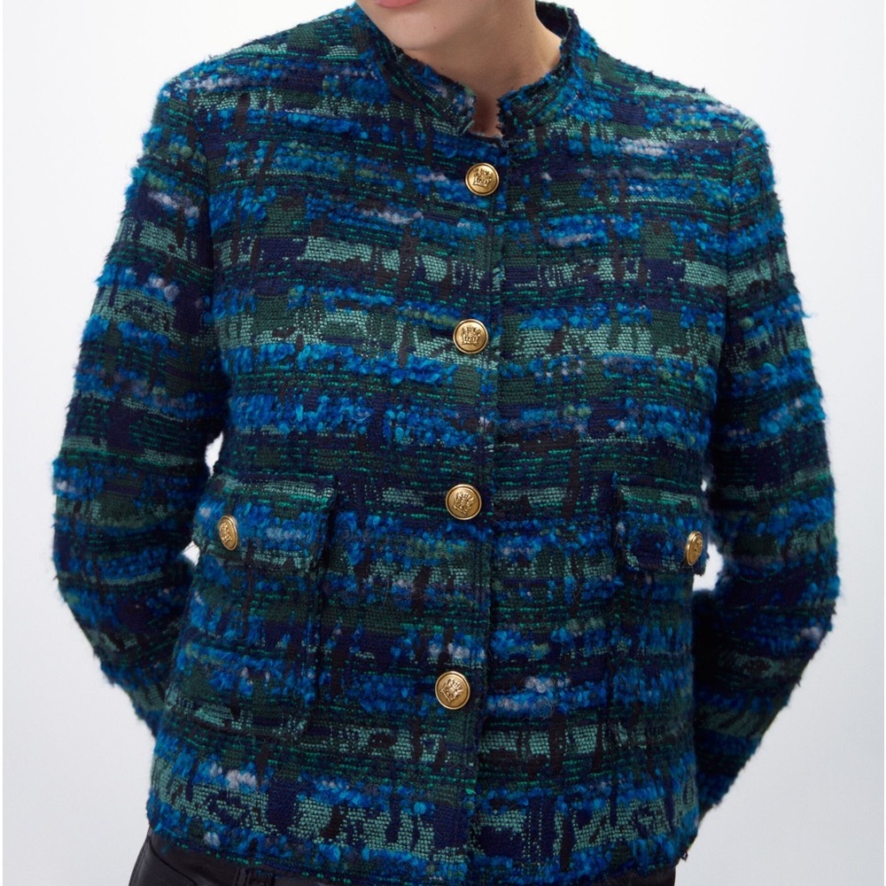 ZARA JACQUARD Tweed Boucle Crop Boxy Jacket Blazer Green Blue Gold Buttons NEW